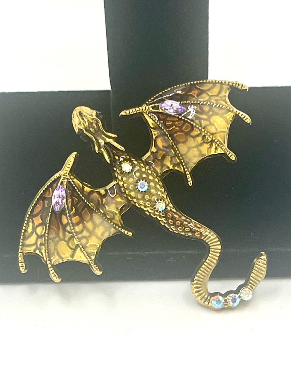 Vintage dragon brooch gold tone enamel wing fantasy rhinestone pin